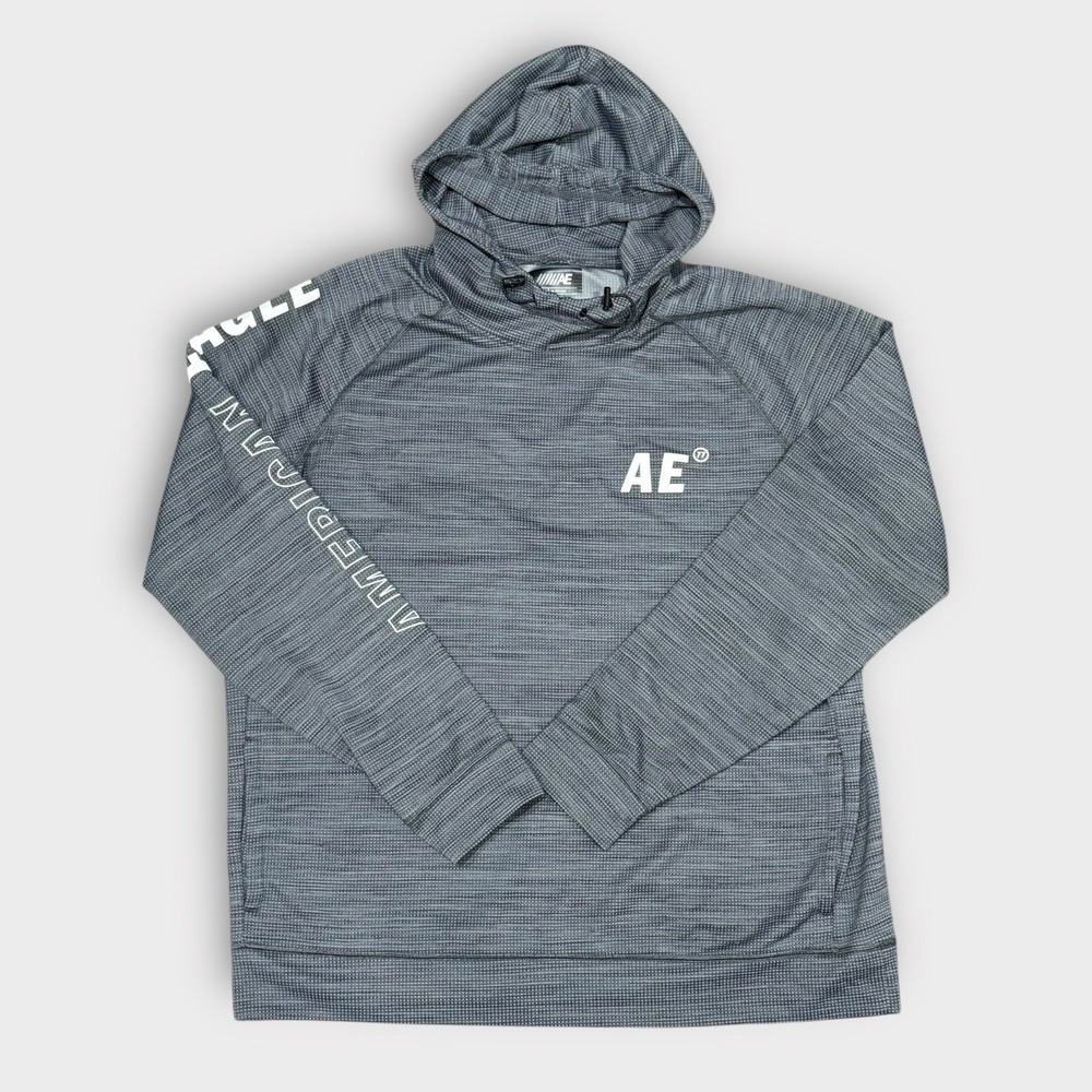 American Eagle Mens Flex Hoodie Gray Textured Pullover XL Activewear Logo